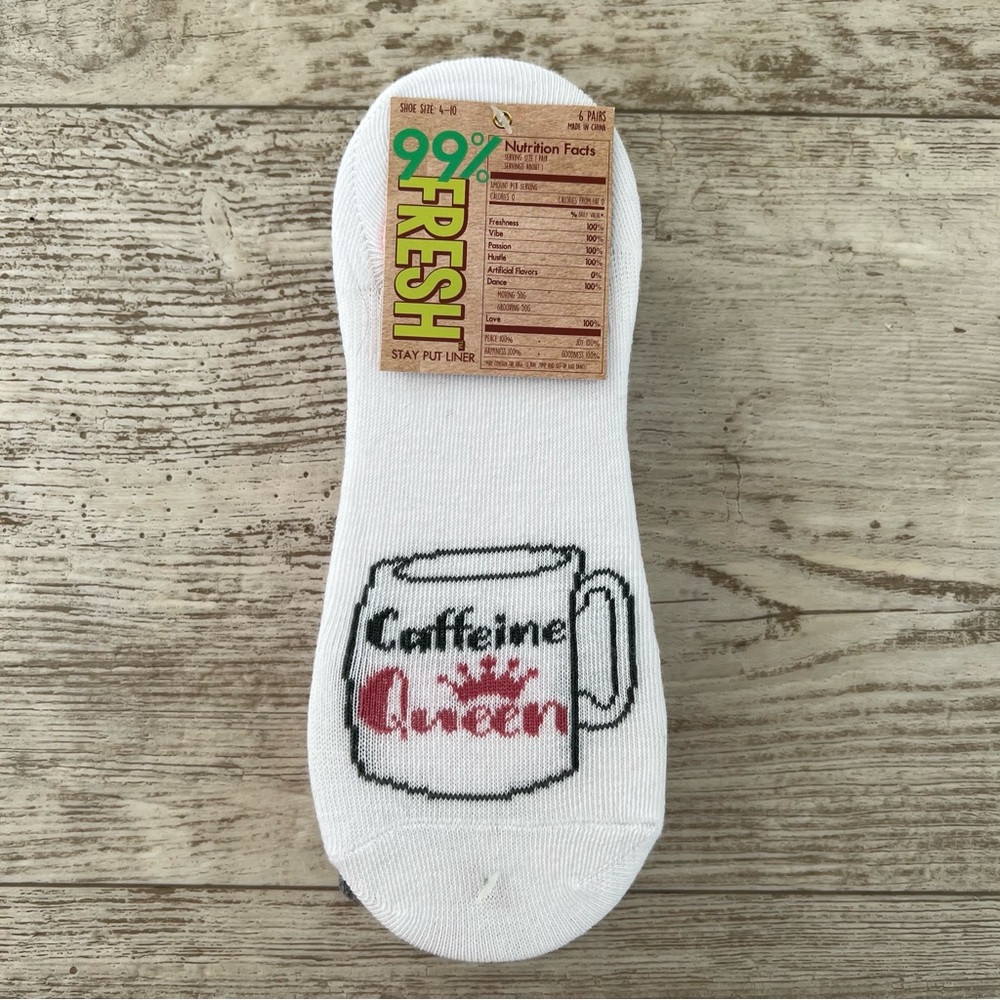 Caffeine Queen 6-Pack Ladies Size 4-10 Stay Put Liner Socks